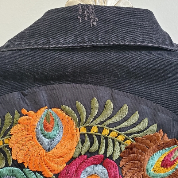 New Boho Embroidered Patch Denim Jean Jacket Oversized Coat Black - Picture 7 of 12